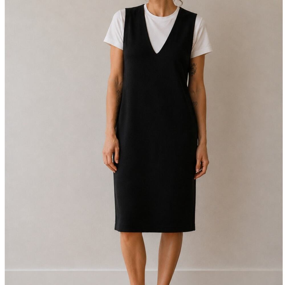 Vtg Merino Wool Black Sleeveless Midi Dress Large Minimalist Lagenlook Jumper